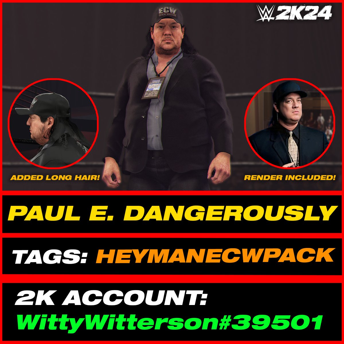 Paul E. Dangerously (In-Game Edit) is uploaded onto Community Creations #WWE2K24 

•Hashtags are: HEYMANECWPACK, WITTY226, PaulHeyman

•Collab w/ @SniperCAWS 

INCLUDES:
• Render
• 'Paul E Dangerous Lee' Call Name
• Commentary
• Added Hair & Beard

@JustBryanNY @LexxGotNext