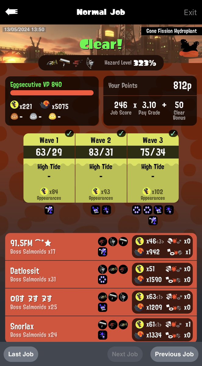 GGs to <a href="/Nisaritok/">Nisa</a> <a href="/GintoX_spl/">GintoX ♪</a> <a href="/datlossit/">Datlossit (@datlossit.bsky.social)</a> for the fun climb!

#Splatoon3 #Salmonrun