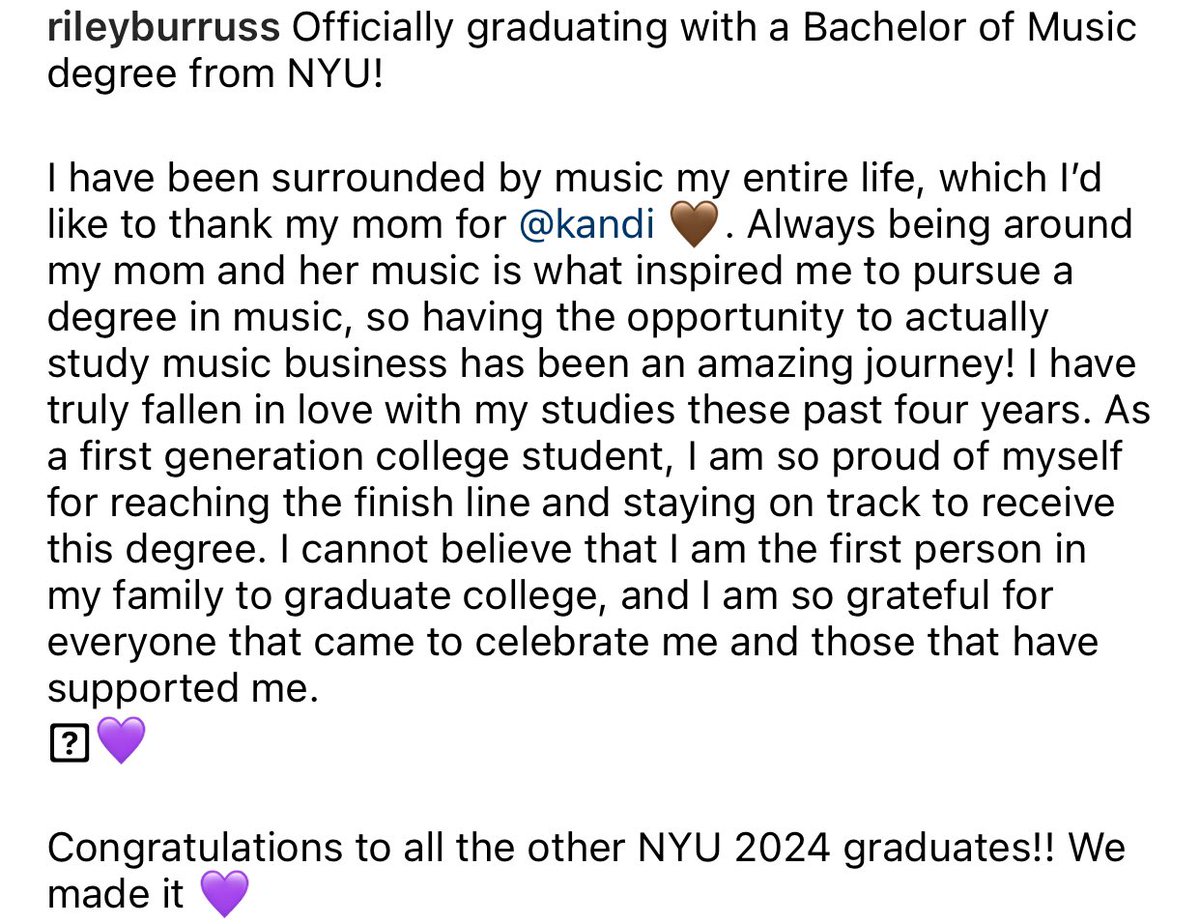 Riley posted a special message about graduating from NYU💜🎓🤩💜 WE ARE SO PROUD OF RILEY🙌🏾🌎💫 A LEADER. A QUEEN. SHE DID THAT💜 #BlackExcellence #LEGACY #RHOA #BRAVOTV #KandiBurruss #RileyBurruss