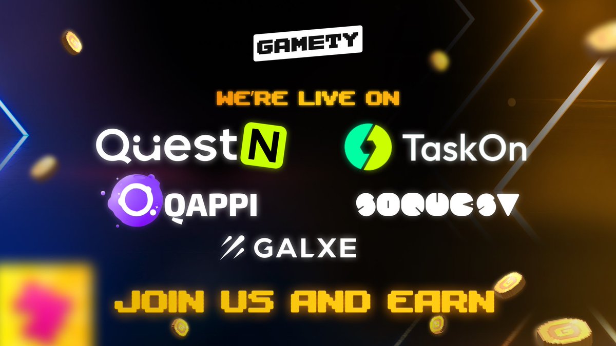 Gamety is back with another giveaway party! 

Join the Gamety Airdrop Fiesta and earn rewards while having fun! 🎮

💰Prizepool: $2500

👊 Participate in:
🔗 <a href="/Galxe/">Galxe</a>: app.galxe.com/quest/gamety/G…
🔗 <a href="/soquest_xyz/">SoQuest</a>: soquest.xyz/space/MetaFigh…
🔗 <a href="/qappi_official/">Qappi (formerly AlphaGuilty)</a>: alphaguilty.io/quest/gamety-q…
🔗