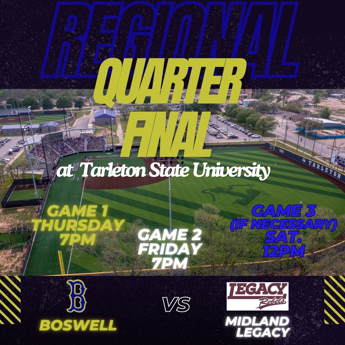 The stage is set!
Our Regional Quarter Final vs Midland Legacy will be held at Tarleton State University! <a href="/emsisdathletics/">EMS ISD Athletics</a> 

📆 Thursday, May 16
⏰ 7PM

📆Friday, May 17
⏰7PM

📆Saturday, May 18
⏰12PM A(if necessary)