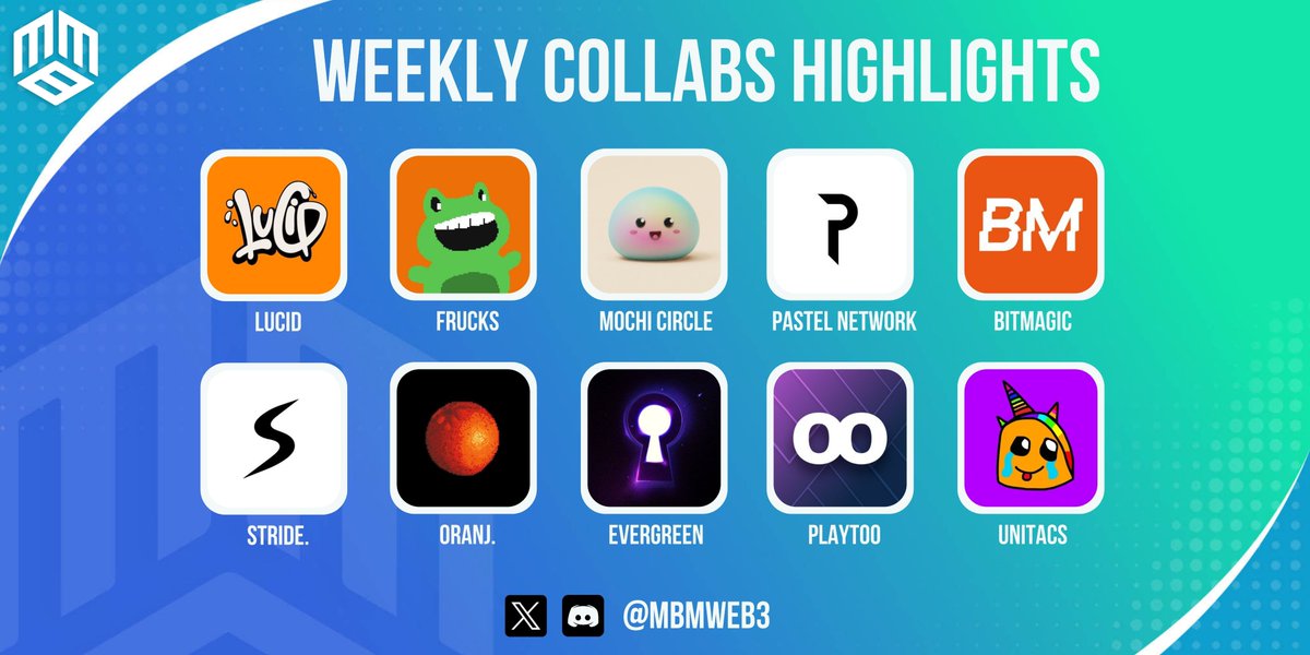 𝗖𝗼𝗹𝗹𝗮𝗯 𝗛𝗶𝗴𝗵𝗹𝗶𝗴𝗵𝘁𝘀

MBM always brings our A-game!

Boost your chance to win these anticipated WL through our weekly events too! 

➜ Lucid
➜ Frucks
➜ Mochi Circle
➜ Pastel Network
➜ Bit Magic
➜ Stride
➜ Oranj
➜ Evergreen
➜ PlayToo
➜ Unitacs