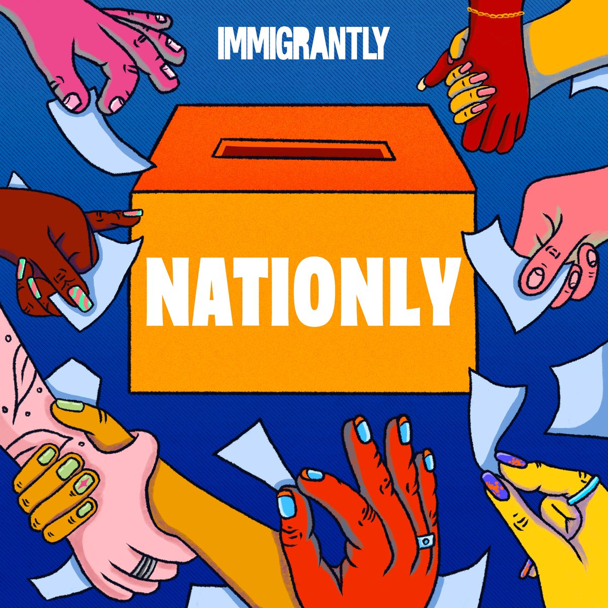In June, we're launching Immigrantly Media's newest podcast, Nationly, hosted by @sarasadhwani and @juandr47. The podcast focuses on the 2024 U.S. presidential election—the trailer for Nationly premieres on May 23. Art by: @sarah_dimichele