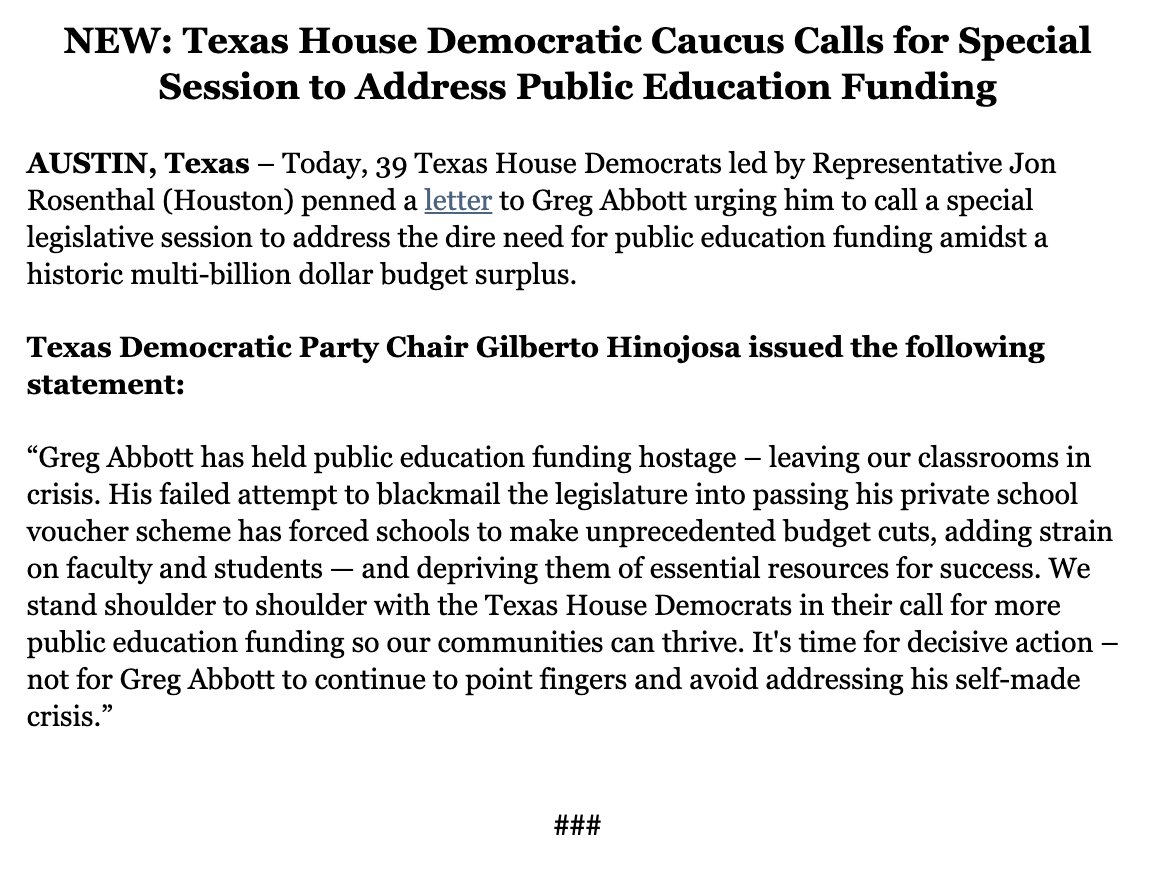 NEW: Texas House Democratic Caucus Calls for Special Session to Address Public Education Funding #txlege Read more: texasdemocrats.org/media/new-texa…