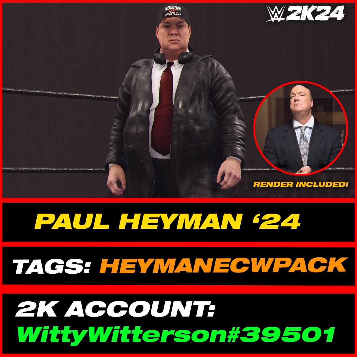 Paul Heyman '24 (In-Game Edit) is uploaded onto Community Creations #WWE2K24 

•Hashtags are: HEYMANECWPACK, WITTY226, PaulHeyman

•Collab w/ @SniperCAWS 

INCLUDES:
• Render
• 'Paul' Call Name
• Commentary

@JustBryanNY @LexxGotNext