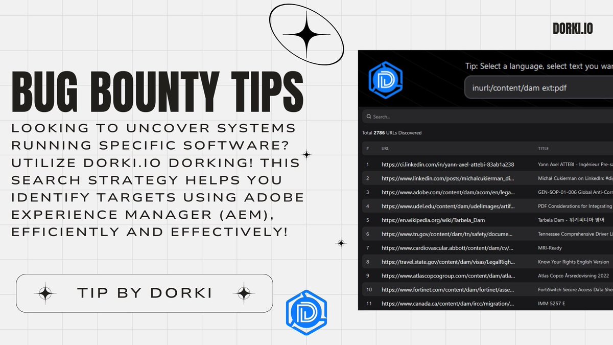 Easy way to find assets that are running on AEM (Adobe Experience Manager) by using Dorki.io

#bugbounty #bugbountytip #cybersec #cybersecurity #bugbountytips #ethicalhacking