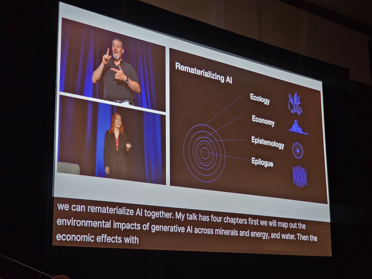 Kostic86's tweet photo. @katecrawford talking about #AI. Are we creating sentient beings? where is the #human in #AI and how can we rematerialize #AI? We need have a holistic perspective. @sigchi #chi2024 https://t.co/Lo0bND253l