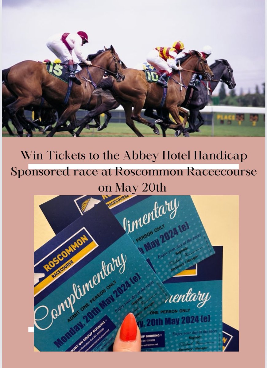 COMPETITION TIME 💫🐎 To coincide with our sponsorship at @RoscommonRaces Monday next May 20th - The Abbey Hotel have 2 pairs of tickets to give away. We will also throw in a bottle of bubbles to celebrate back at the Abbey after the races See our Facebook page to enter🤞 🐎🥂