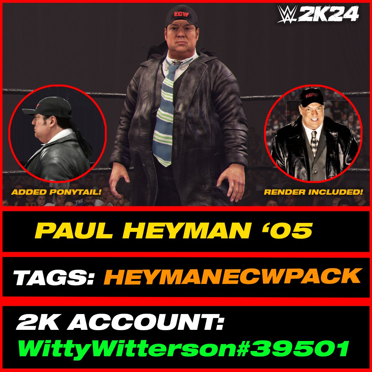 Paul Heyman '05 (In-Game Edit) is uploaded onto Community Creations #WWE2K24 

•Hashtags are: HEYMANECWPACK, WITTY226, PaulHeyman

•Collab w/ @SniperCAWS
 
INCLUDES:
• Render
• 'Paul' Call Name
• Commentary
• Added Hair

@JustBryanNY @LexxGotNext