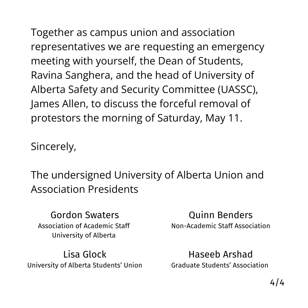 It is with deep concern and disappointment regarding the recent events that transpired on our campus that we publish this joint letter, requesting a meeting with President Flanagan and other key administrators. Read through full letter from @theaasua @nasatheunion @ualbertaGSA