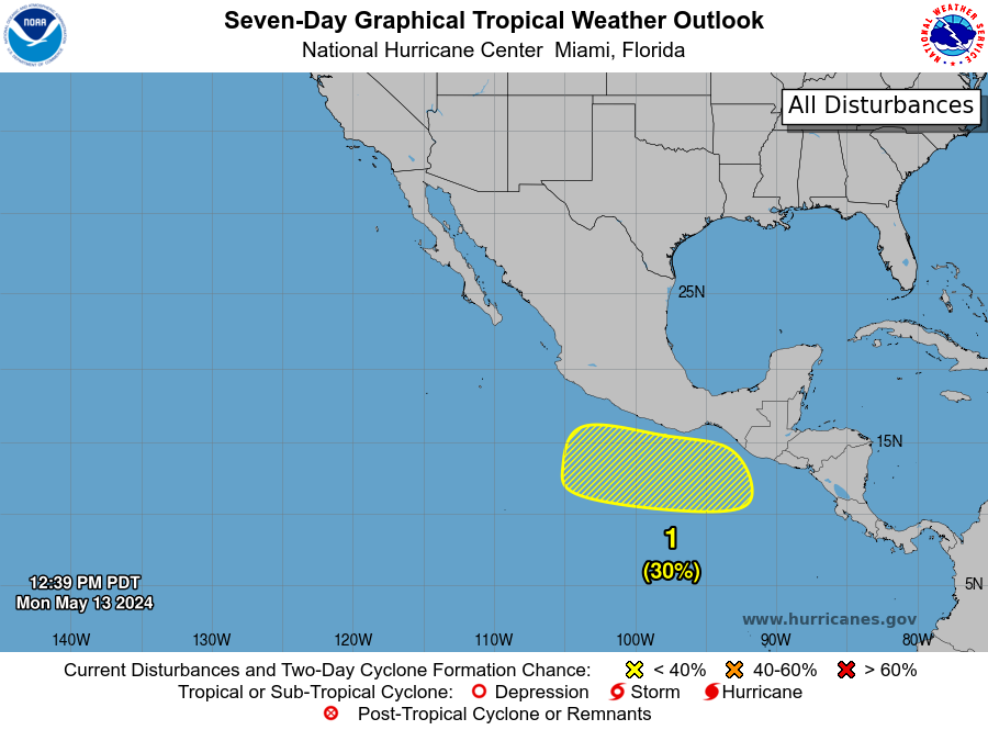 12:20 PDT May 13 -- A Special Tropical Weather Outlook has been issued for an area of low pressure expected to form later this week south of the coast of Mexico. This system currently has a low chance (🟡30%) of development through early next week. nhc.noaa.gov/gtwo.php?basin…