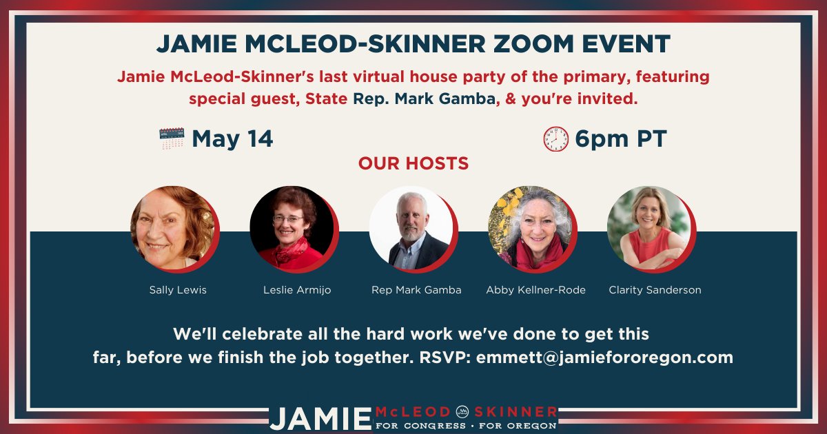 Come join us for our last virtual house party before the primary! We'll celebrate the work we've done and the work still to do. Looking forward to seeing you! Tomorrow, Tuesday, May 14, 6pm PST. RSVP: emmett@jamiefororegon.com #OR05 #JamieForOregon #BYOB - BringYourOwnBallot