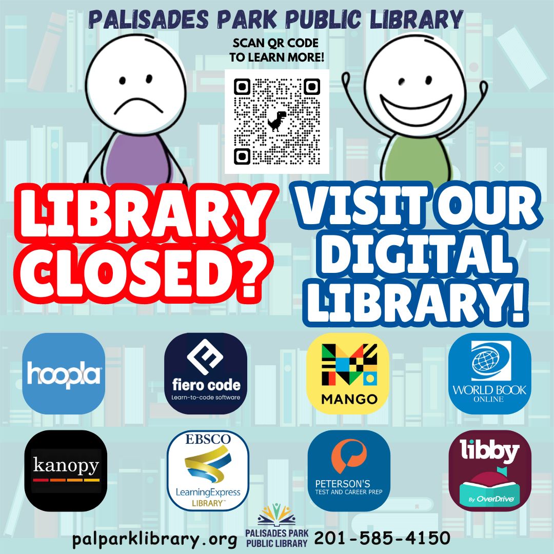 Have you tried any of our FREE digital services? 
Our digital library is open 24/7! 
Visit: buff.ly/41P64za
Fiero Code
Ebsco Learning Express
Hoopla Digital
Kanopy
Libby
Mango Languages
Peterson's
World Book
#digitalservices 
#digitallibrary 
#palisadesparkpubliclibary