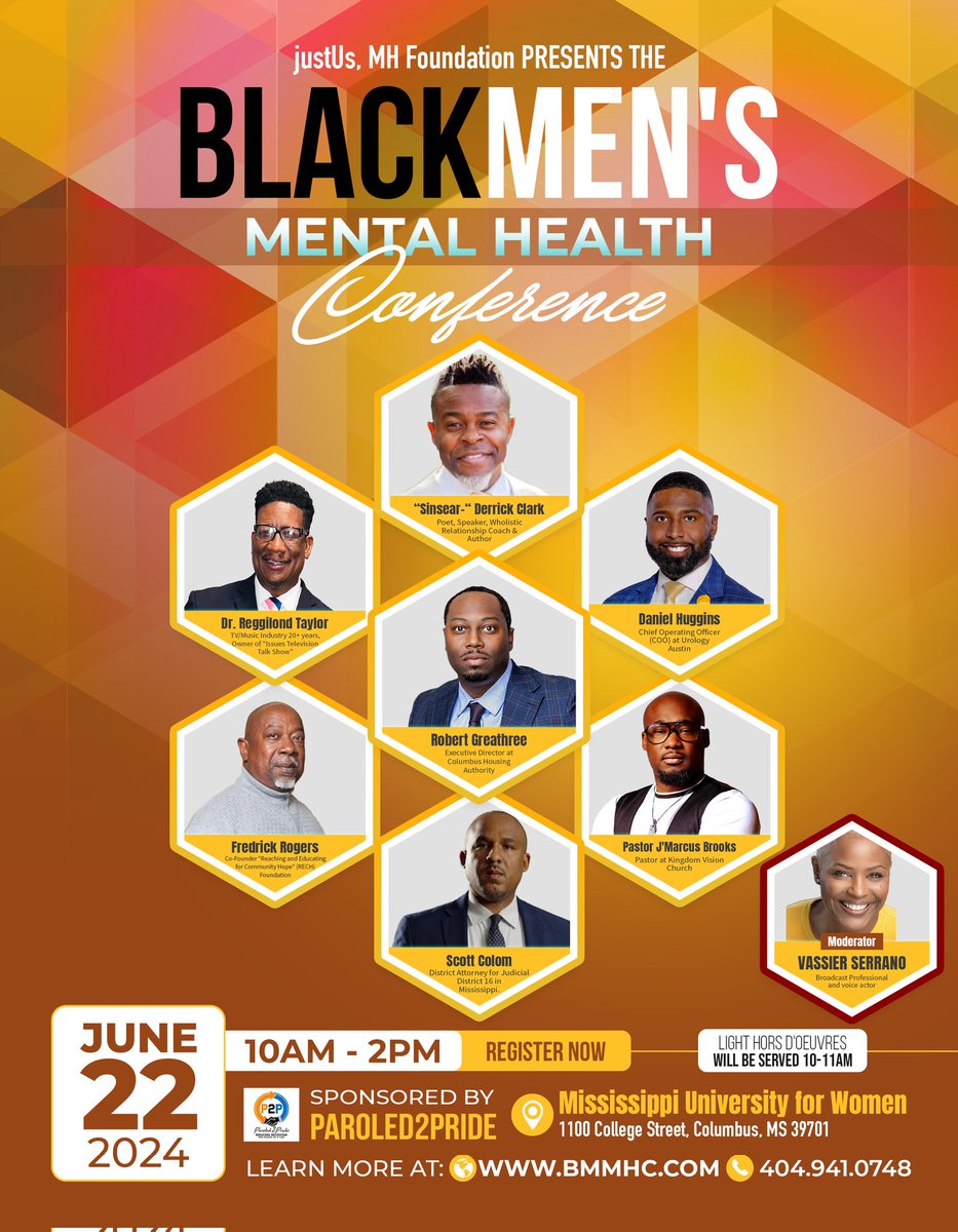 Join men for a transformative conversation @#BlackMen #MentalHealth #Conference Discover strategies for resilience, coping mechanisms & breaking stigma surrounding mental health in Black communities. Don't miss this opportunity to connect, heal, & be empowered. #helpinthehouse