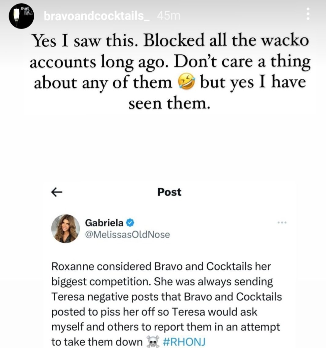 Not bravo and cocktails calling MON a wacko account. After a) she thought she did something there trying to make it as if Roxanne is going after b&c  and b) doxxing Teresa. Girl bye! You clearly lost your marbles for what a TV show.