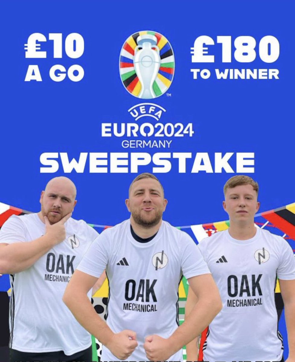 🚨NXI Euros Sweepstake🚨

Getting it out early as we are hoping to do 2 sweepstakes.

£10 a go 
£180 to the winner. 

The draw will take place live on fb at our end of season do on 8th June. 
Please share and comment if you’d like ago and we will send the bank details 

🇩🇪
