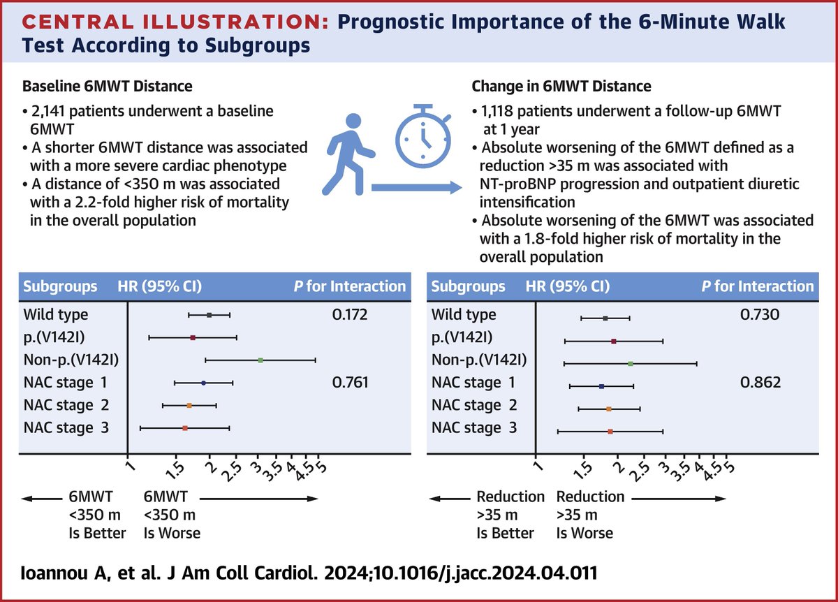 #HeartFailure2024 #JACC SimPub: In #ATTR-CA, the baseline 6MWT distance can refine risk stratification beyond traditional prognosticators. Worsening of 6MWT at 1 year was common and independently associated with an increased risk of mortality. bit.ly/44zzYtt #Amyloidosis