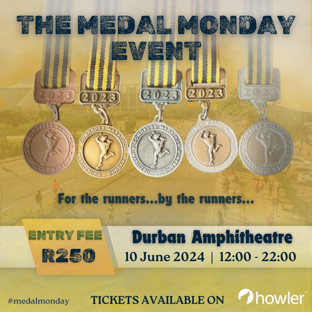📣Calling all Runners, Supporters 📣 Don’t know where to Celebrate 🍾 conquering @comradesmarathon Look no further… The Medal Monday #FortheRunnersBytheRunners #MedalMonday 🎫 @howlertech for R250 📍 Durban Amphitheater ⏰ 12:00 - 22:00 ‼️Running Club packages revealed 🔜