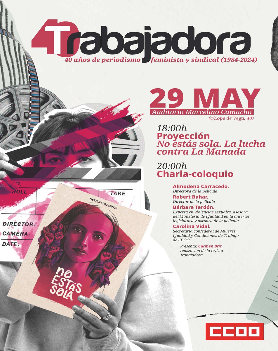 Anota esta fecha. Nos encantará verte. Este año la revista 'Trabajadora' cumple 40 años, 40 años de periodismo feminista y sindical (1984-2024) y lo celebramos con la proyección de la película documental 'No estás sola. La lucha contra La Manada'.