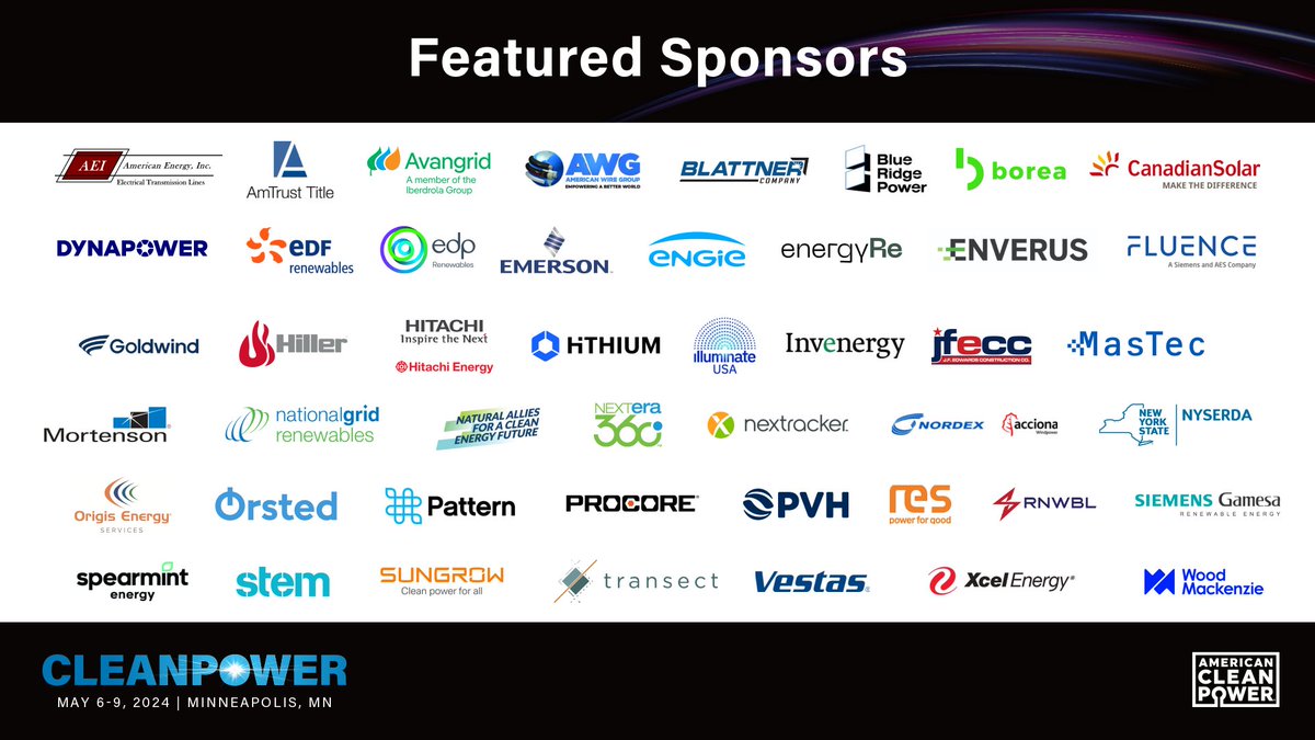 USCleanPower's tweet photo. After an action-packed week at #CLEANPOWER24 we want to thank all of our sponsors. This year's event could not have happened without you!

Special thanks to our presenting sponsors: @RWE_AG, @TheAESCorp, @bp_America, @FirstSolar, Ocean Winds, & @HASI_Inc who have contributed greatly to this record-breaking event.