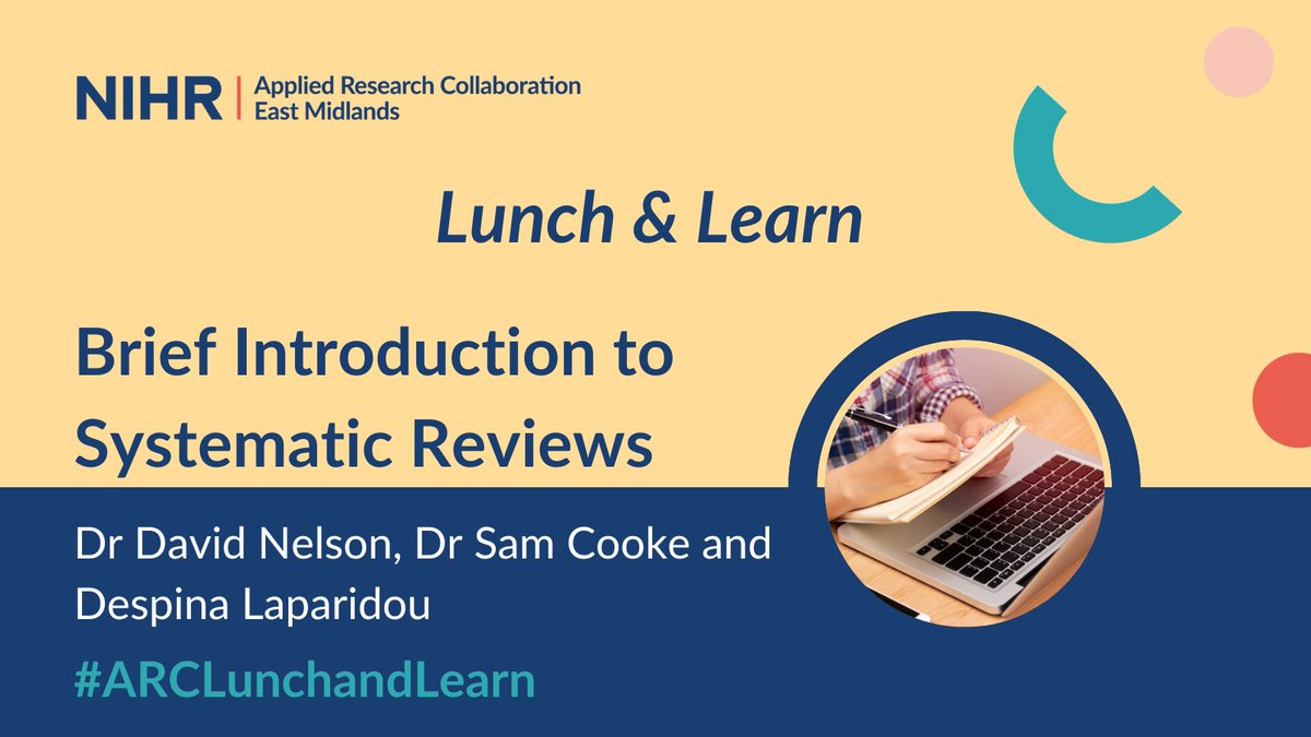 Don't miss our upcoming #ARCLunchandLearn training series!

📚 Enhance your understanding of #SystematicReviews with examples and insights from Dr David Nelson, Dr Sam Cooke and Despina Laparidou.
🗓️ May 21
🕕 13:00 - 14:00
🔗 Register: ticketsource.co.uk/nihr-arc-em/ni… @LIIRH_UoL