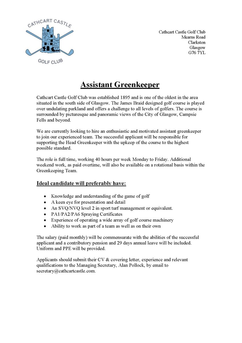 We are looking to add a new member of Greenkeeping staff to our team.

If you are interested or know someone who is please contact us on secretary@cathcartcastle.com
<a href="/CathcartCastle/">Greens Staff</a>