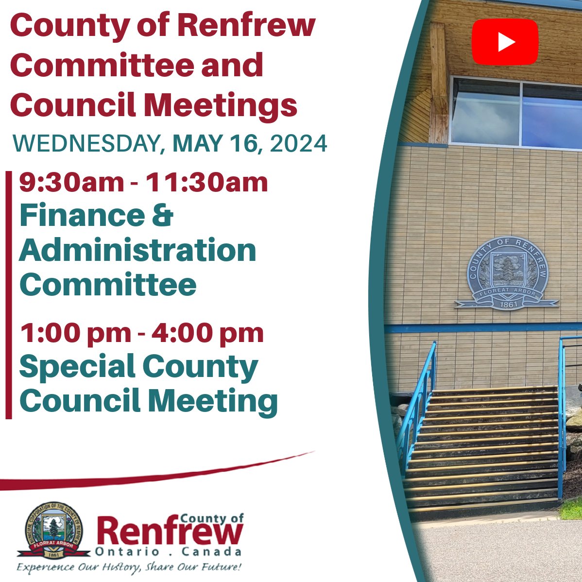 RenfrewCounty's tweet photo. Finance & Admin Committee (9:30 am) and Special County Council Meeting (1 pm) today
To view the meeting on YouTube:
Finance & Admin: https://t.co/sftW3kltoO
Special Council Meeting: https://t.co/HfpdN0a8ss
#RenfrewCountyCouncil
#CommitteeWeek
#RenfrewCounty
@PeterEmon1 https://t.co/NFHtiLzSmx