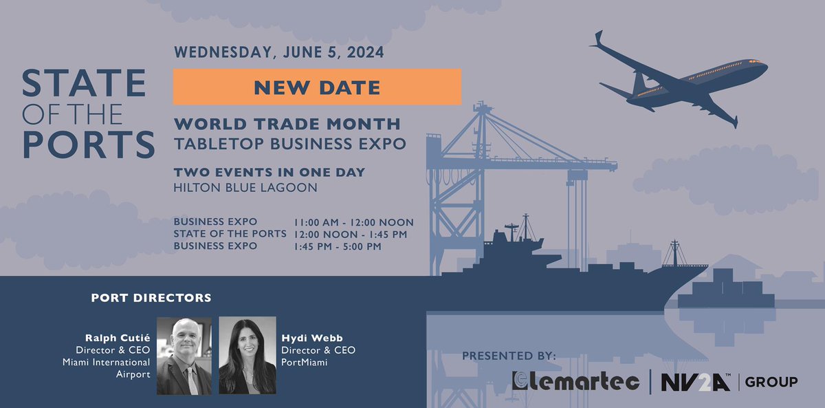 WTCA's tweet photo. Join the #StateofthePorts Luncheon &amp; Tabletop Expo hosted by @WTCMiami. Discover the latest updates from @ifymia &amp; @PortMiami &amp; network with industry leaders on May 23, 11 a.m. - 5 p.m. EDT. Learn more &amp; register: https://t.co/5y81TUnypm    #WTCMiami #ConnectingBusinessesGlobally https://t.co/iUzCvk1YaC