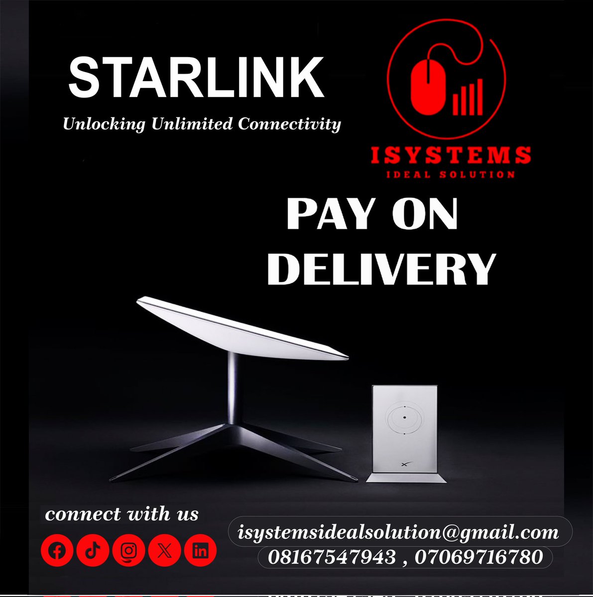 isystemideals's tweet photo. Experience the future of connectivity with iSystems' ideal solution - Starlink! Say goodbye to slow internet and hello to blazing-fast speeds from anywhere on the globe. Explore the possibilities with #Starlink #iSystems #ConnectivityRevolution https://t.co/GovLupXGJD