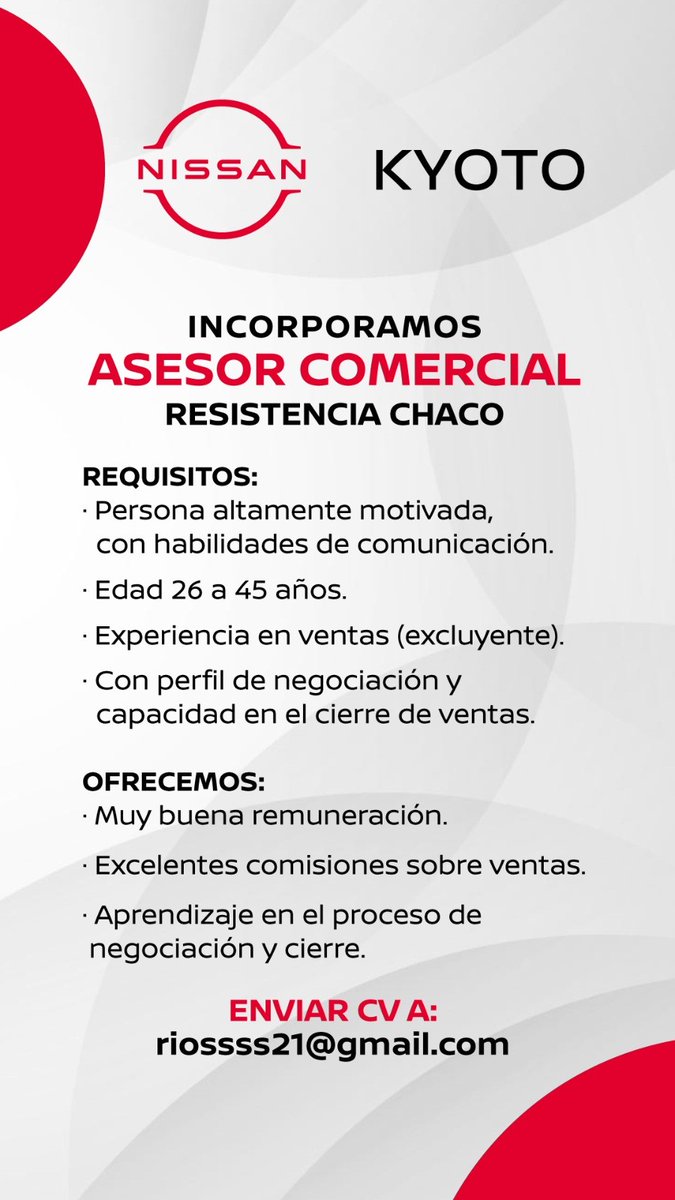 🔴⚫️ #RESISTENCIA (Chaco) - KYOTO incorpora #ASESOR #COMERCIAL

👉 Enviar CV a: 📧 riossss21@gmail.com

#TNEA #Chaco #empleoar #trabajoar