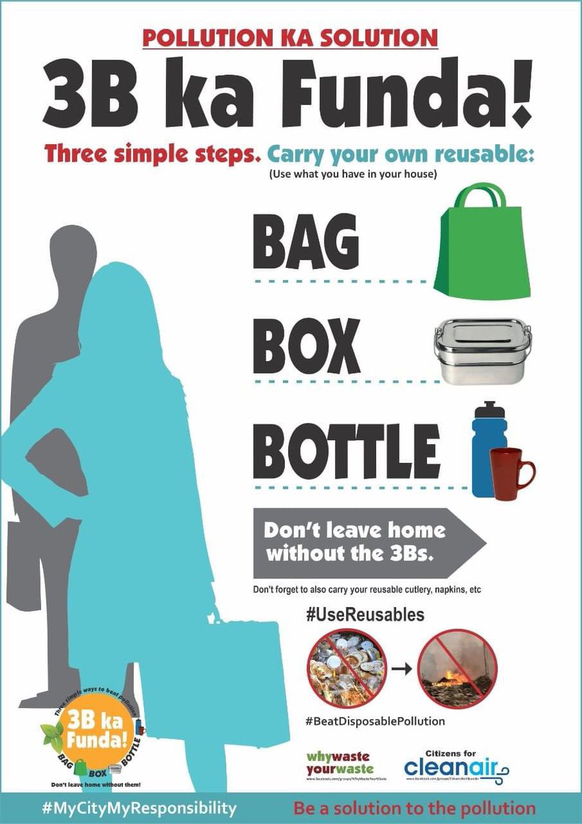 SethiRuchikaT's tweet photo. Take #individualaction to cut back disposable packaging. Adopt a reusable culture. Use @3BkaFunda
Be it food on the go, take-aways , leftover packing …use your own reusables.
This is one way to #stopwasteburning. “न रहेगा बांस ना बजेगी बांसुरी”l
#beatpollution
#MissionLiFE https://t.co/SBZp0lr5rX