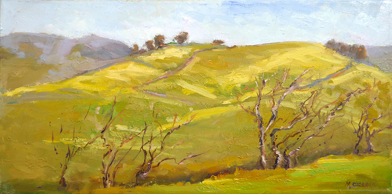 'Mustard Tracks' by Mary Lou Correia is an oil on canvas masterpiece, measuring 12 x 24 inche. It captures the essence of the Bay Area trails, evoking a sense of nostalgia and tranquility.

#yellows #mustardfields #bayareatrails #hiking #trek #masterpiece #artwork #galleryart