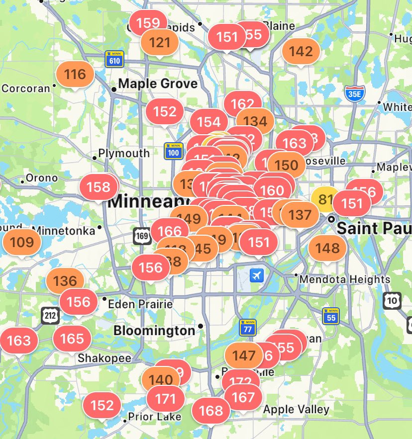 Minneapolis, Minnesota is experiencing unhealthy air quality. To see what your air quality is like, download our free app. #minneapolis #minnesota #airquality #airpollution iqair.com/us/air-quality…
