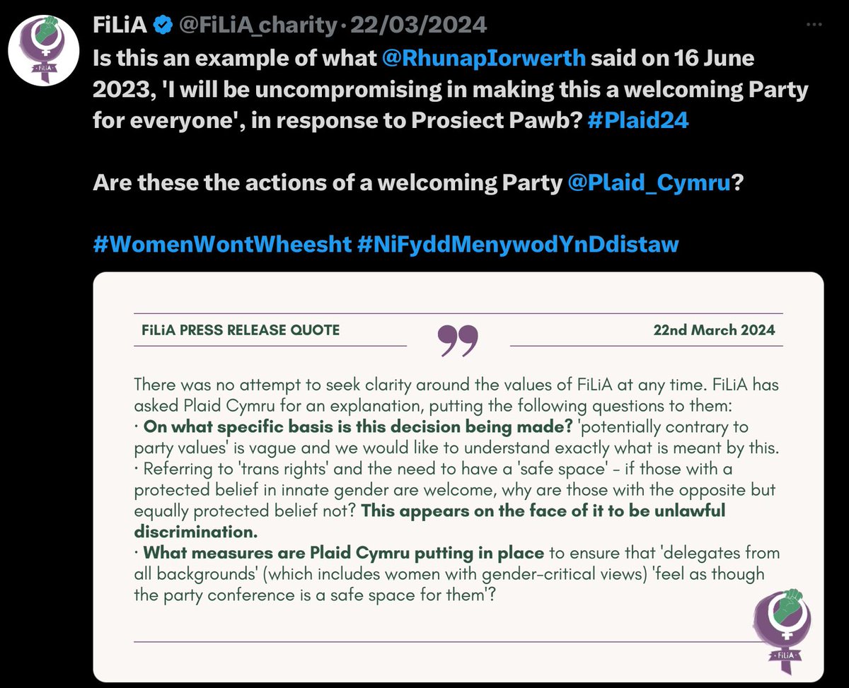 coccinellanovem's tweet photo. @Plaid_Cymru Plaid principles like banning feminist charities from your events?
#DimDiolch @RhunapIorwerth https://t.co/iL1tFXwy99