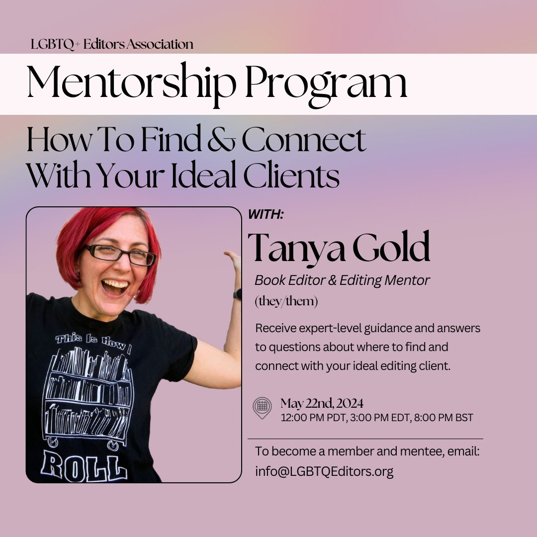 Join @EditorTanya for this month’s mentorship meeting. The theme this month will focused on how to connect with ideal editing clients. 

We hope to see you there!

❗Mentorship Meeting

🗓️ Date: May 22nd, 2024

⏰ Time: 12:00 PM PDT, 3:00 PM EDT, 8:00 PM BST, 9:00 PM CEST