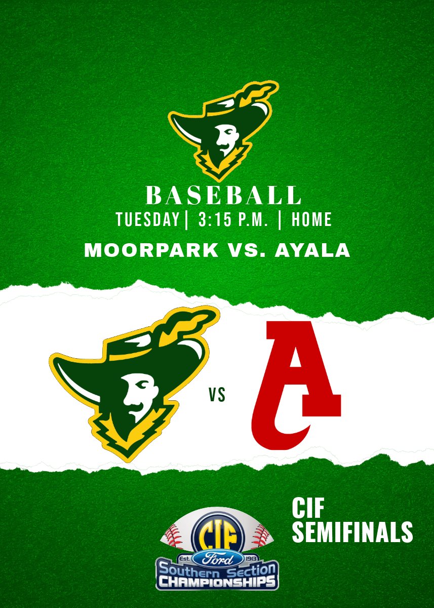 PLAYOFF UPDATE: Moorpark High defeated Crean Lutheran 2-1 on Friday. The Musketeers host Ayala Tuesday, April 14 (that’s tomorrow!) at 3:15 p.m. for the CIF semifinals! Come out to support your Musketeers! @TheAcornSports @latsondheimer @Tarek_Fattal @vcspreps @MHSBaseballA41