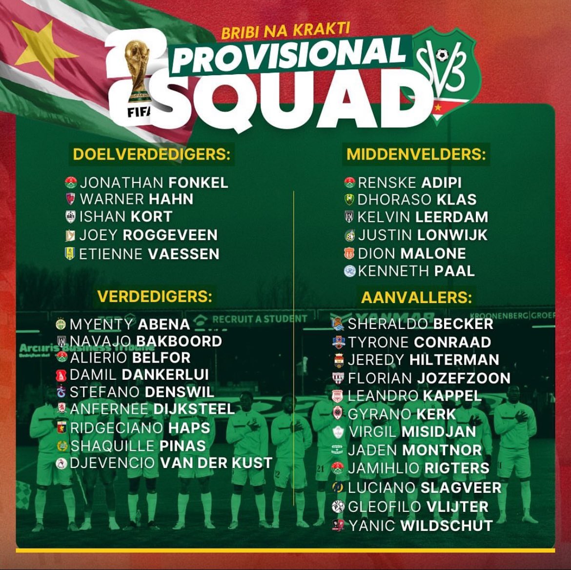 A strong provisional squad for Suriname 🇸🇷 has been named as they start World Cup Qualifying in June!

🆕 Etienne Vaessen (RKC Waalwijk 🇳🇱)
🆕 Gyrano Kerk (Antwerp 🇧🇪)

Two huge additions. Starting Eredivisie keeper and Kerk scored yesterday. 👏