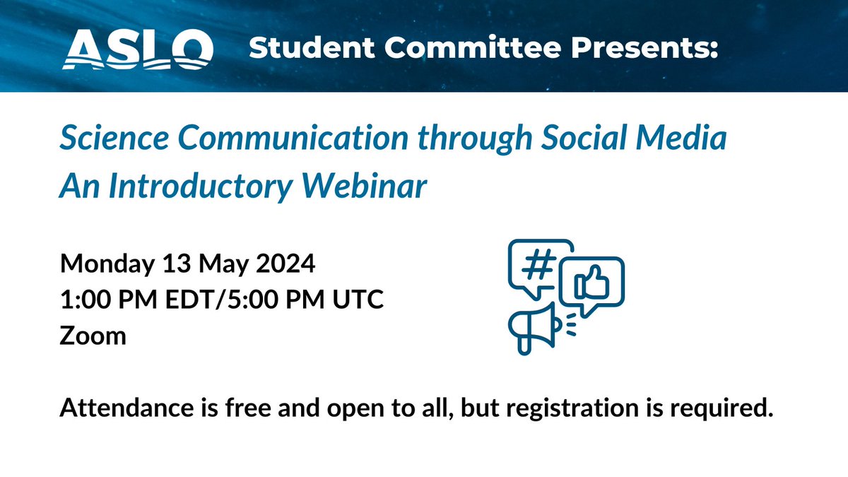 There's still time to register for today's #ASLO Student Committee Webinar on using social media for #SciComm! The webinar is open to all career stages & both members and non-members. The webinar is at 1pm ET /5pm UTC today 13 May. Register for link here: aslo.org/science-commun…