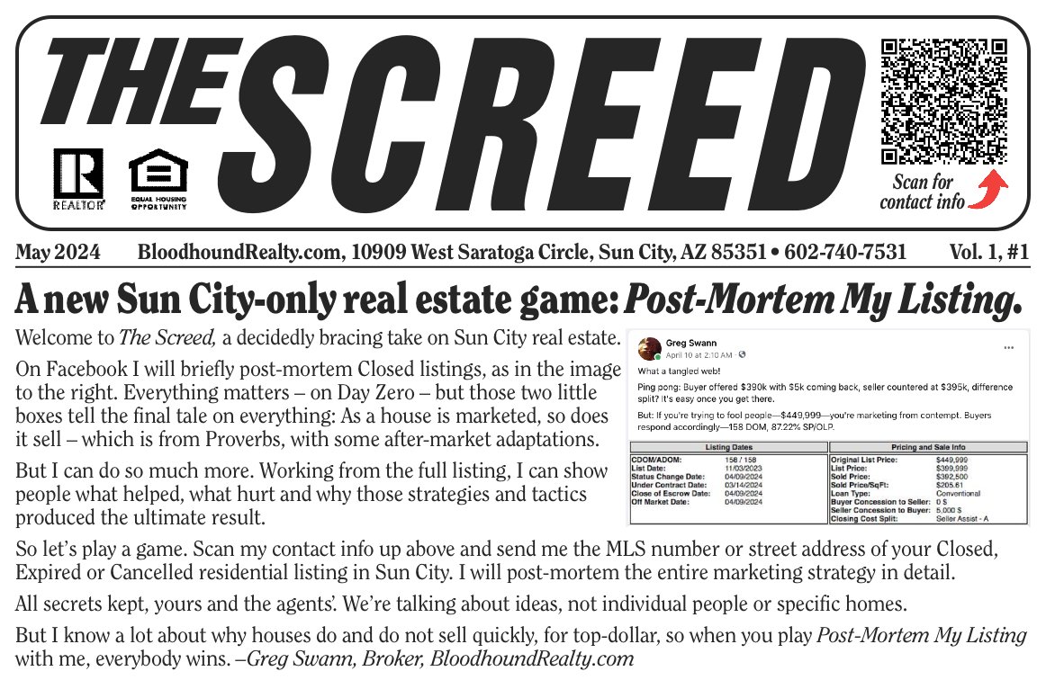 New from me today: The Screed – a decidedly bracing take on #SunCity real estate. Hyperlocal, but fun regardless. Gauntlets are to have been thrown down.

bloodhoundrealty.com/1183/read-all-…
