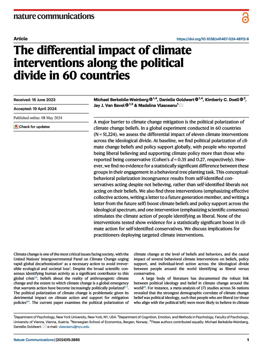 The differential impact of climate interventions along the political divide in 60 countries Our paper on polarization and #climatechange beliefs and behavior is now @NatureComms nature.com/articles/s4146… Led by @MikeBerkWein @dgoldwert @kim_doell @vlasceanu_mada