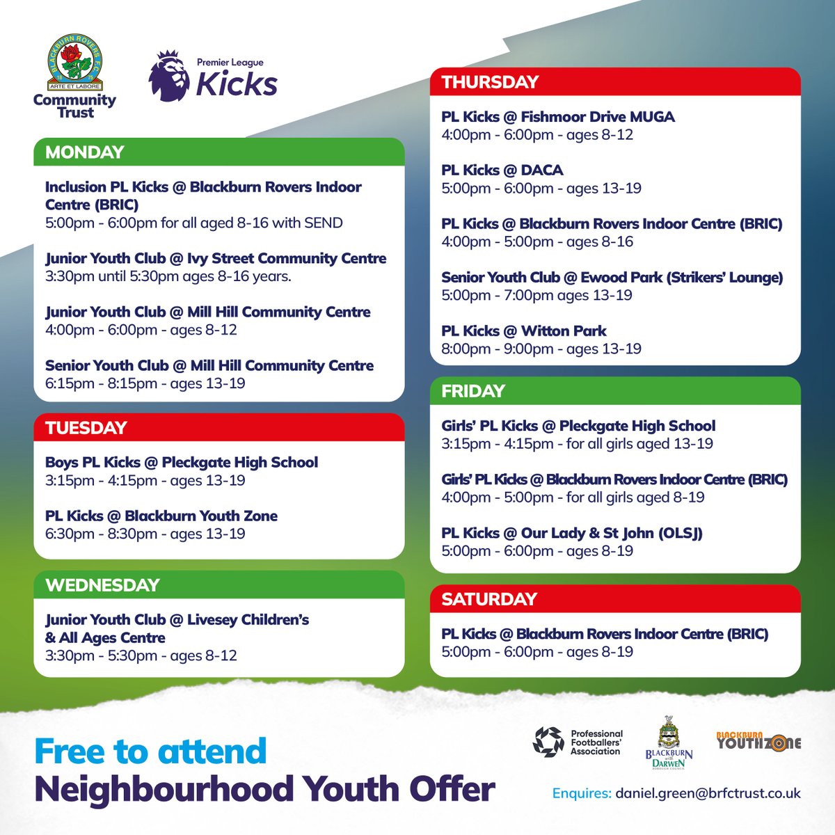 ➡️Take a look at what our Neighbourhood Youth Offer and #PLKicks Programme have for you this week! #BRCTInclusion #BRCTYouthEngagement | @PLCommunities