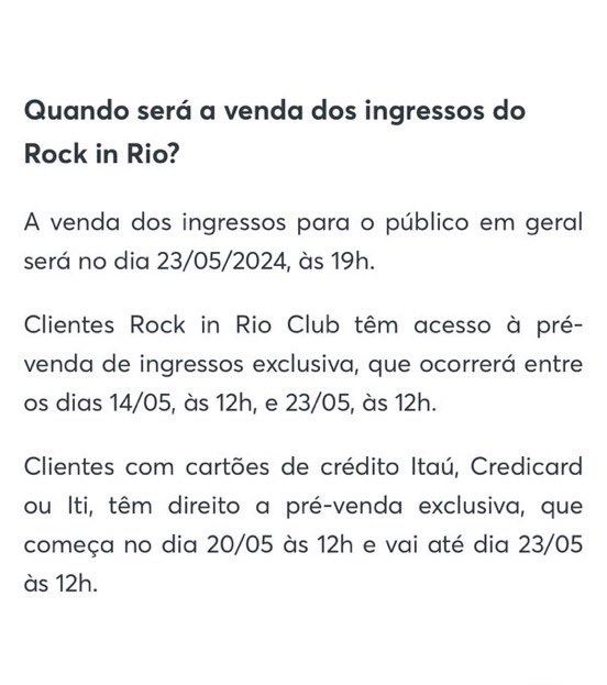 O Rock in Rio acaba de anunciar novas datas e horários de pré-venda dos ingressos. Fiquem atentos! 🦋

📆

Pré-venda Club: 14 à 23/05 às 12h
Pré-venda Itaú: 20 à 23/05 às 12h 
Venda Geral: 23/05 às 19h

#RockInRio40Anos #KatyPerryNoRockInRio