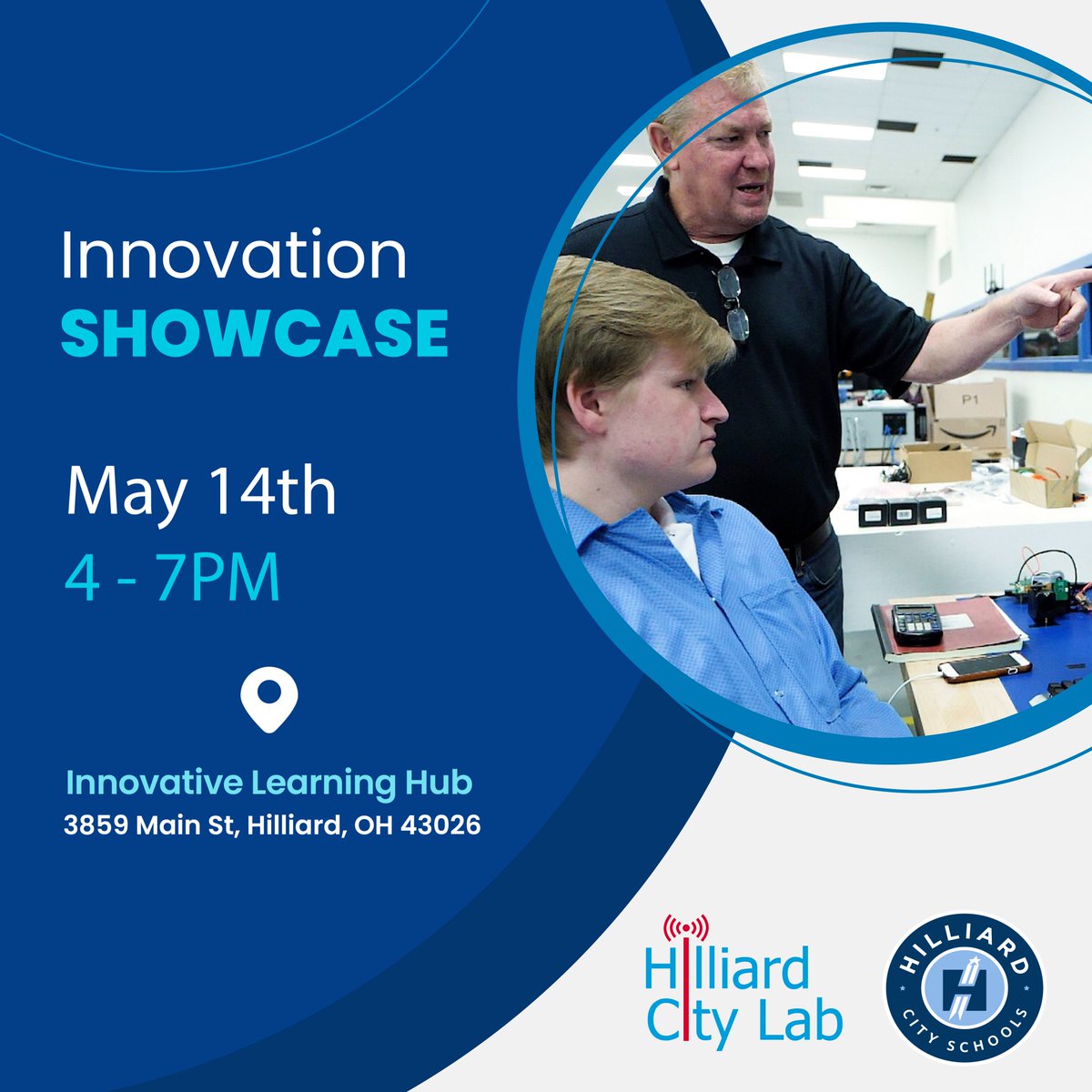 Tomorrow, May 14th, 4-7 PM! Don't miss the Innovation Showcase at The HUB hosted by HCSD, Hilliard City Lab, and the City of Hilliard. Explore cutting-edge projects, hands-on activities, and creative solutions from students and local innovators! Food trucks and fun for all ages!