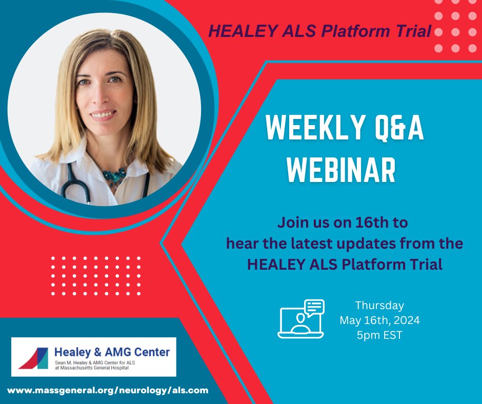 We have another great #WeeklyWebinar coming up this week to continue #ALSAwarenessMonth. Join Drs. @MeritCudkowicz & @PaganoniMDPhD as they present updates on the Platform Trial and answer questions from the audience. Register: partners.zoom.us/webinar/regist…