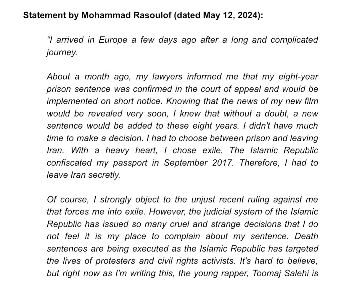 isaacfeldberg's tweet photo. Director Mohammad Rasoulof has confirmed he recently managed to leave Iran without official permission and is now staying in an undisclosed location in Europe, ahead of the Cannes premiere of his new feature THE SEED OF THE SACRED FIG. 

His statement, below: https://t.co/Y9a77YsSGc