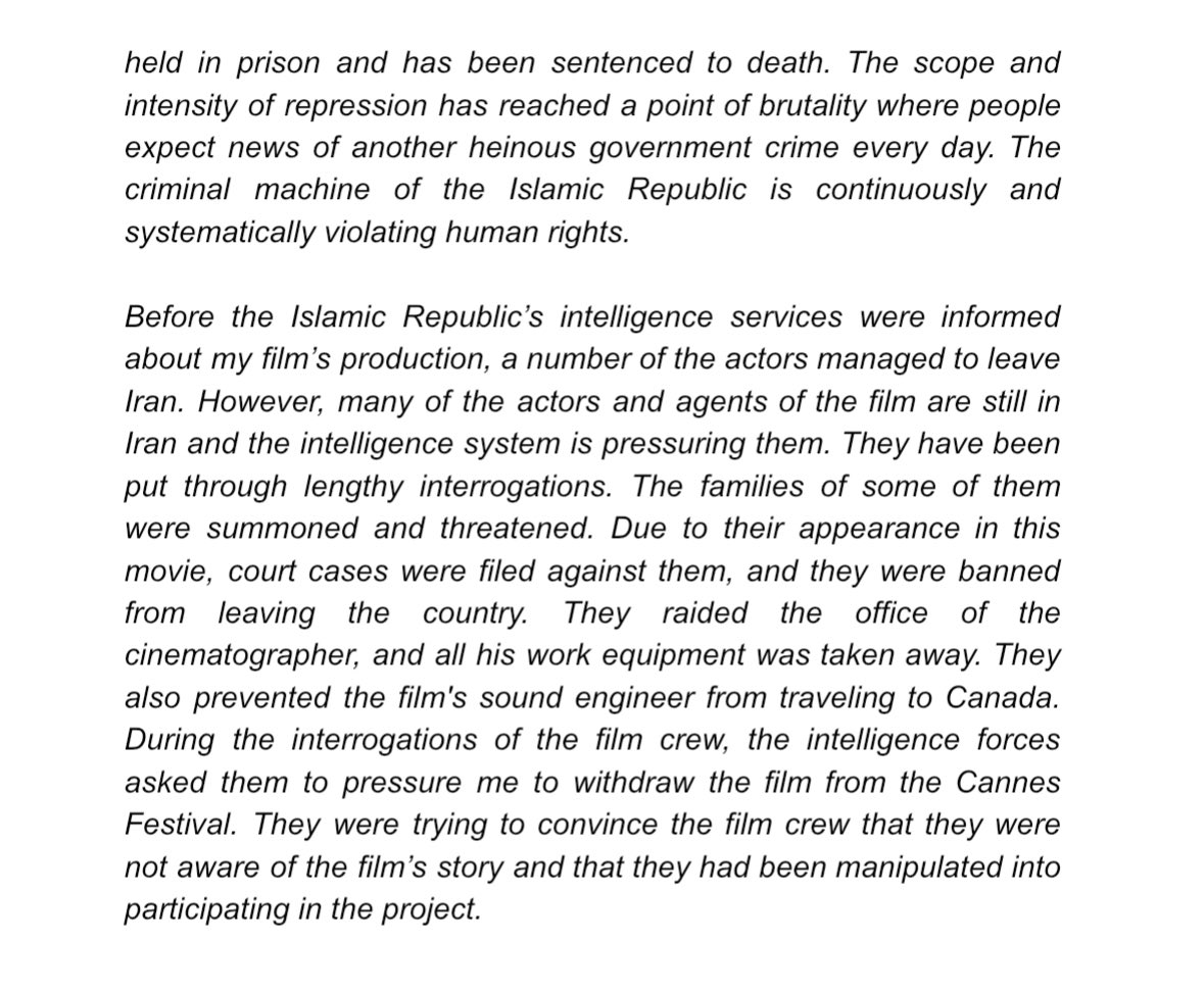 isaacfeldberg's tweet photo. Director Mohammad Rasoulof has confirmed he recently managed to leave Iran without official permission and is now staying in an undisclosed location in Europe, ahead of the Cannes premiere of his new feature THE SEED OF THE SACRED FIG. 

His statement, below: https://t.co/Y9a77YsSGc