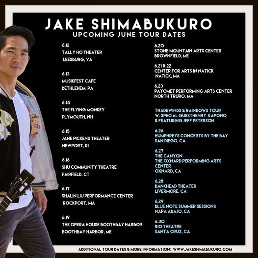 Upcoming @JakeShimabukuro JUNE Tour Dates! Get more information here: jakeshimabukuro.com/tour/ Request a show location and track Jake Shimabukuro on @Bandsintown: bnds.us/j9qiet We hope to see you there!