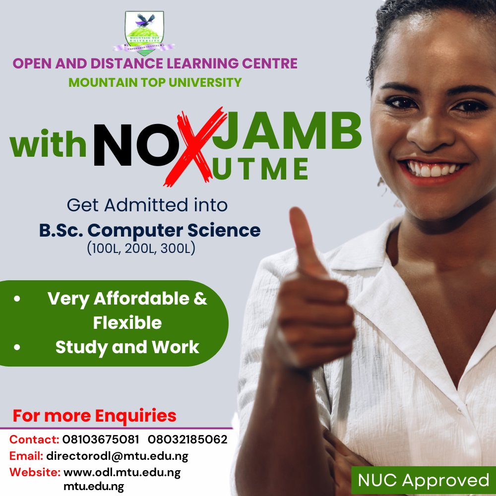 MTU_ODL's tweet photo. Did you score low in your past Jamb result?
COME CLOSER!!!
We are here for you.

Call /whatsapp - 0810 367 5081 or visit https://t.co/Cr1nNQWedA to get started

#Justiceforchidi Chicken Republic Korra Obidi Access Bank Water and Garri #พิมพ์กรกนก https://t.co/TctVNNFxZ4
