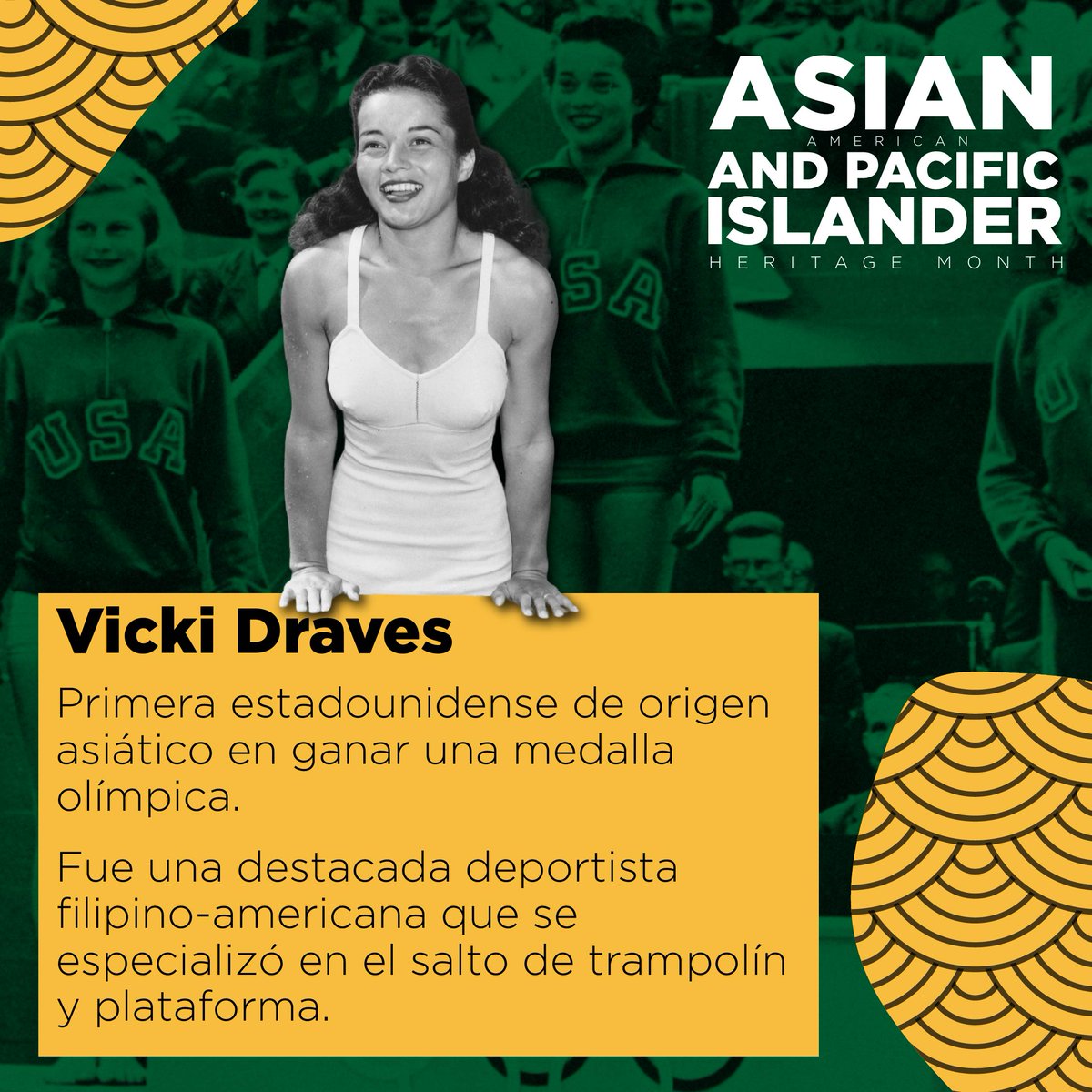 accevamar's tweet image. Te presentamos a Victoria Manalo Draves, la primera estadounidense de origen asiático en ganar una medalla olímpica.

Fue galardonada con oro en la plataforma de diez metros y en el trampolín de tres metros en los Juegos de 1948 en Londres
#Cevamar #AAPI2023 #Interculturalidad
