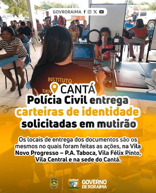 Na última quarta-feira, 08, a PCRR (Polícia Civil de Roraima), por meio do IIOC (Instituto de Identificação Odílio Cruz), realizou a entrega de carteiras de identidades solicitadas no mês de abril, durante mutirão da Defensoria Pública, no município do Cantá.